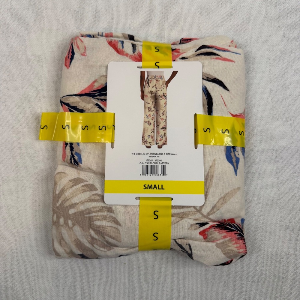 Briggs New York Tan Floral Tropical Linen Blend Wide Leg Pants Small NWT 1372200